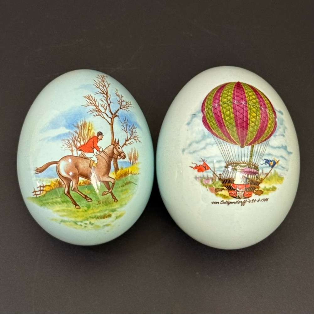 2 Vintage Porcelain Von Luttgendorff & Polo Equestrian Decorative Ceramic Eggs